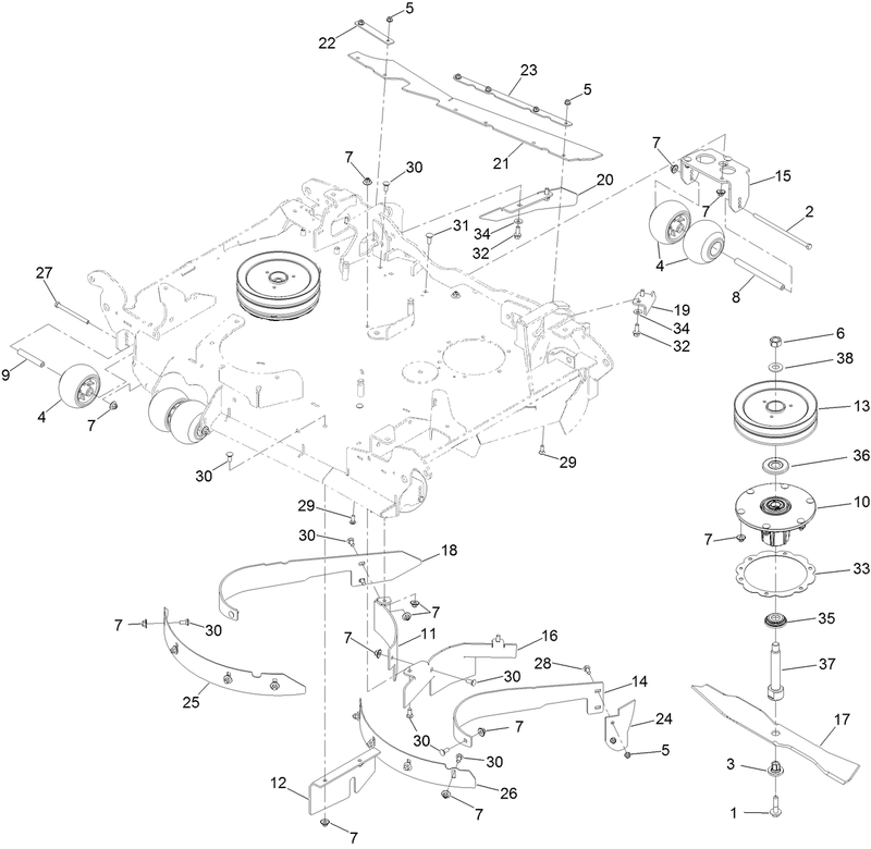 Center Deck Spindle Baffle and Roller Assembly