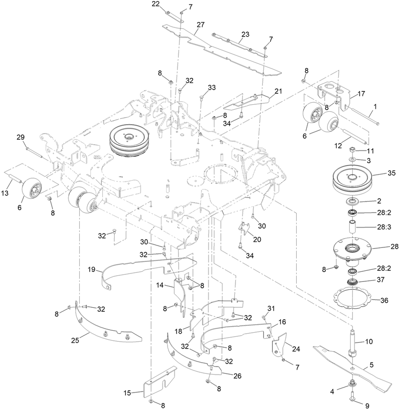 Center Deck Spindle Baffle and Roller Assembly