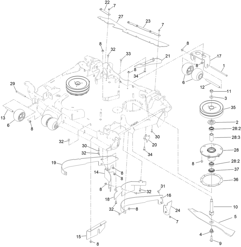 Center Deck Spindle Baffle and Roller Assembly