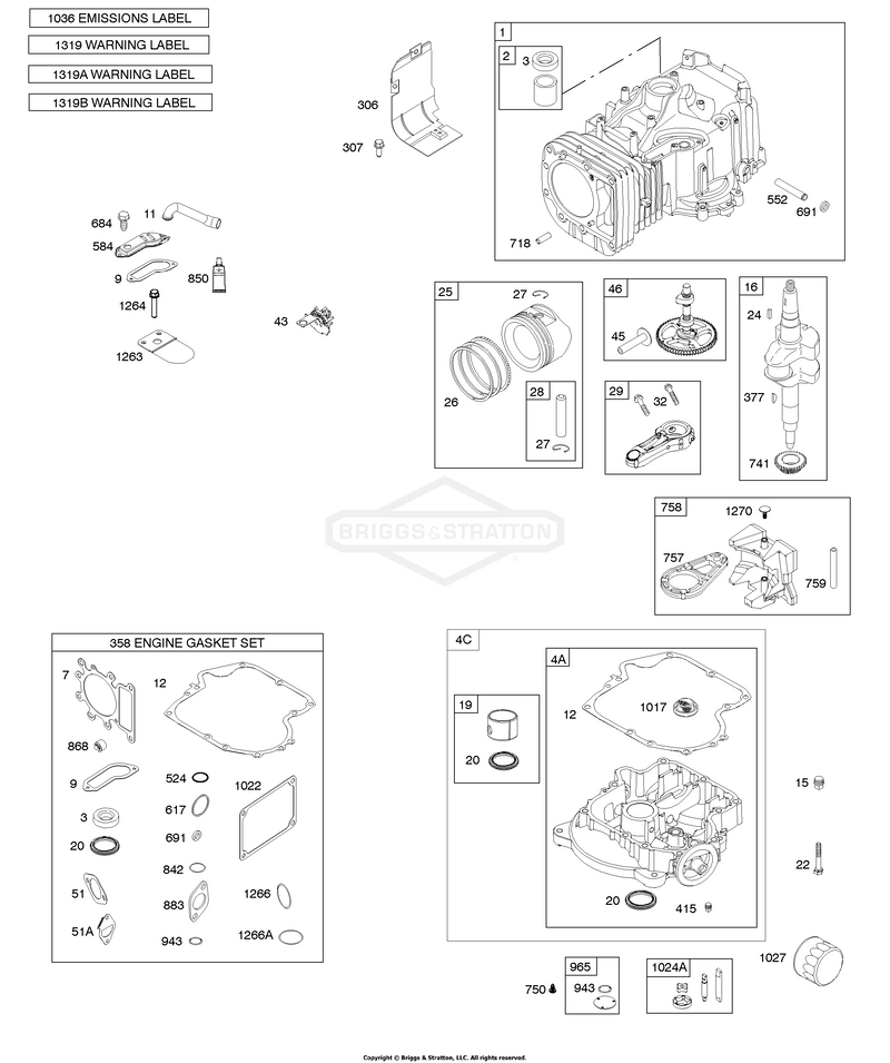 Camshaft, Crankshaft, Cylinder, Engine Sump, Gasket Set-Engine, Lubrication, Piston, Rings, and Connecting Rod, Warning Label