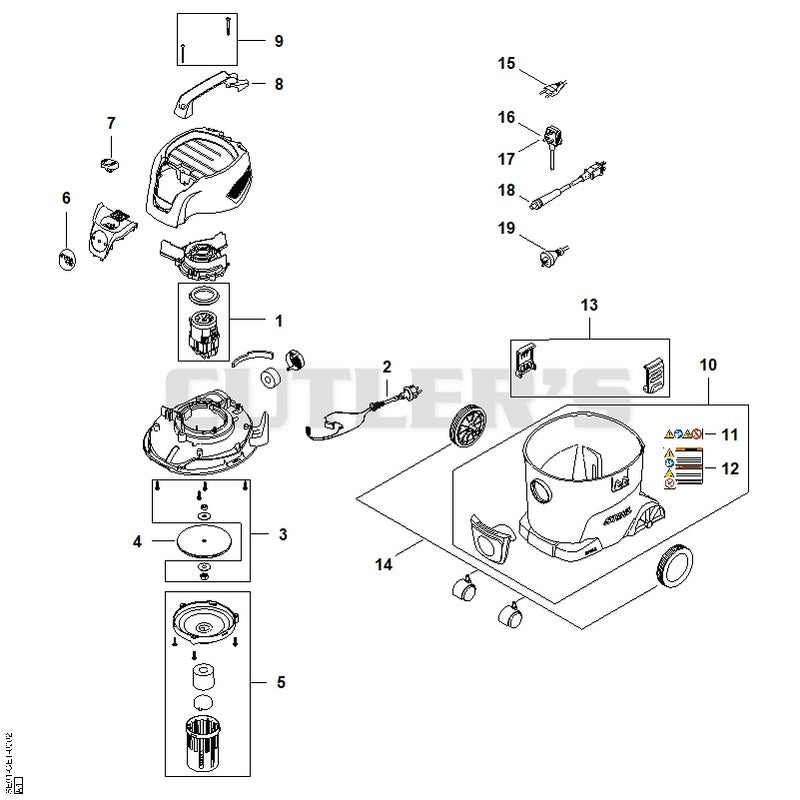 Machine cover, Connecting cable, Electric motor, Filter, Container
