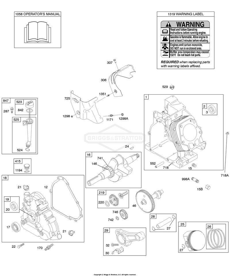 Camshaft, Crankcase Cover, Crankshaft, Cylinder, Lubrication, Operator's Manual, Piston/Rings/Connecting Rod, Warning Label