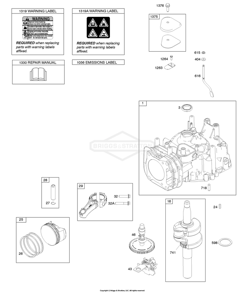 Camshaft, Crankshaft, Cylinder, Piston/Rings/Connecting Rod, Warning Label