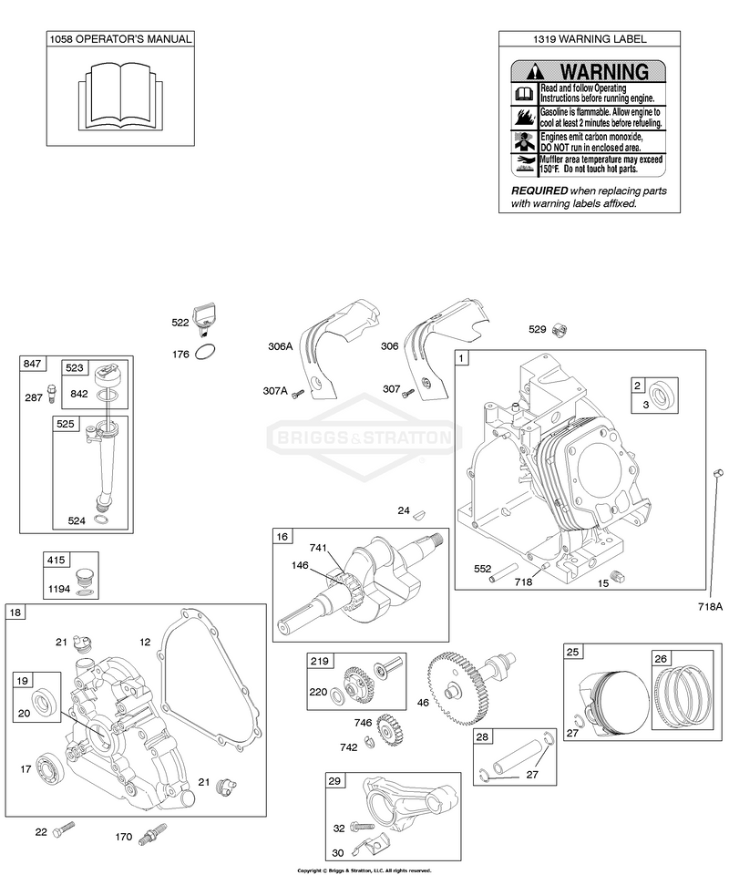 Camshaft, Crankcase Cover, Crankshaft, Cylinder, Lubrication, Operator's Manual, Piston/Rings/Connecting Rod, Warning Label