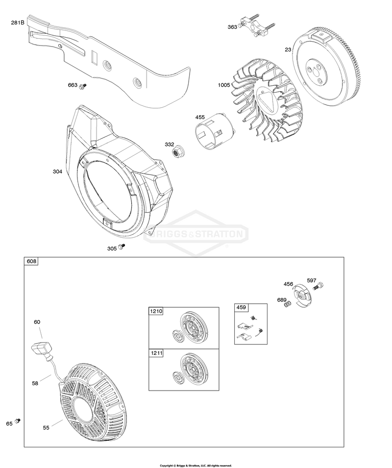 Blower Housing, Flywheel, Rewind Starter