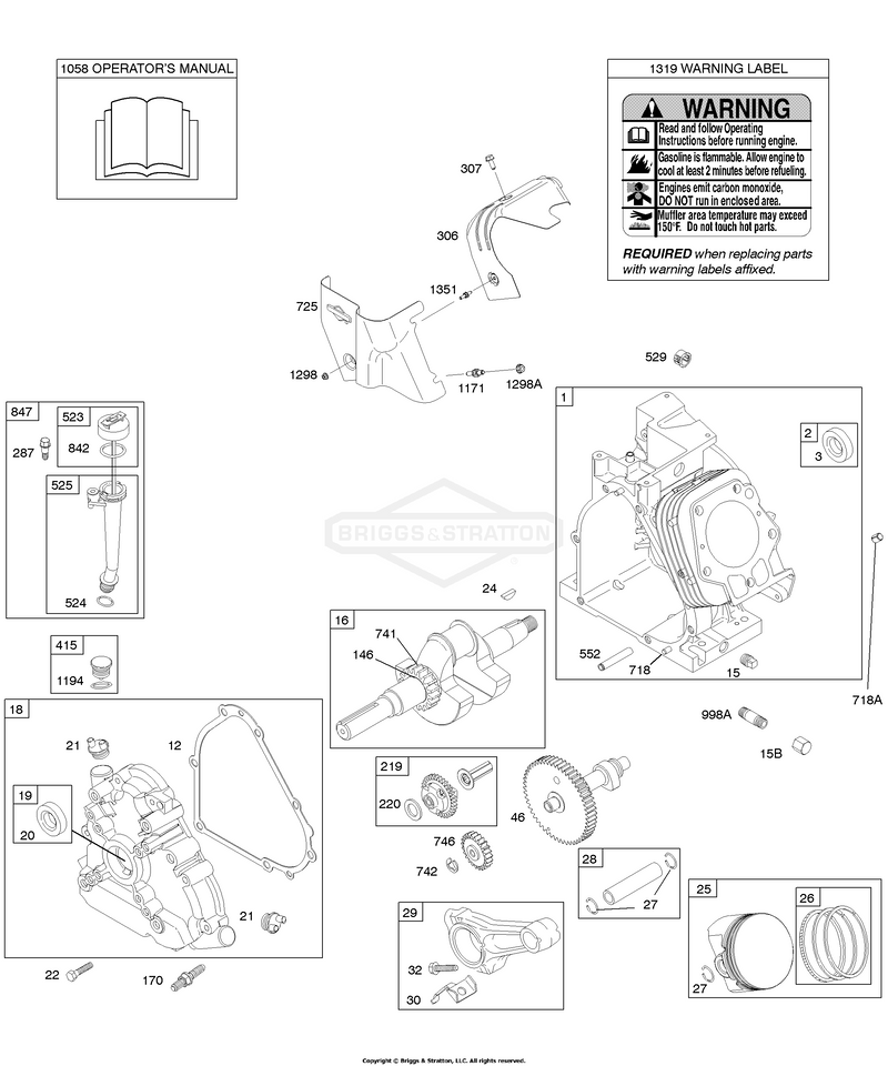 Camshaft, Crankcase Cover, Crankshaft, Cylinder, Lubrication, Operator's Manual, Piston/Rings/Connecting Rod, Warning Label