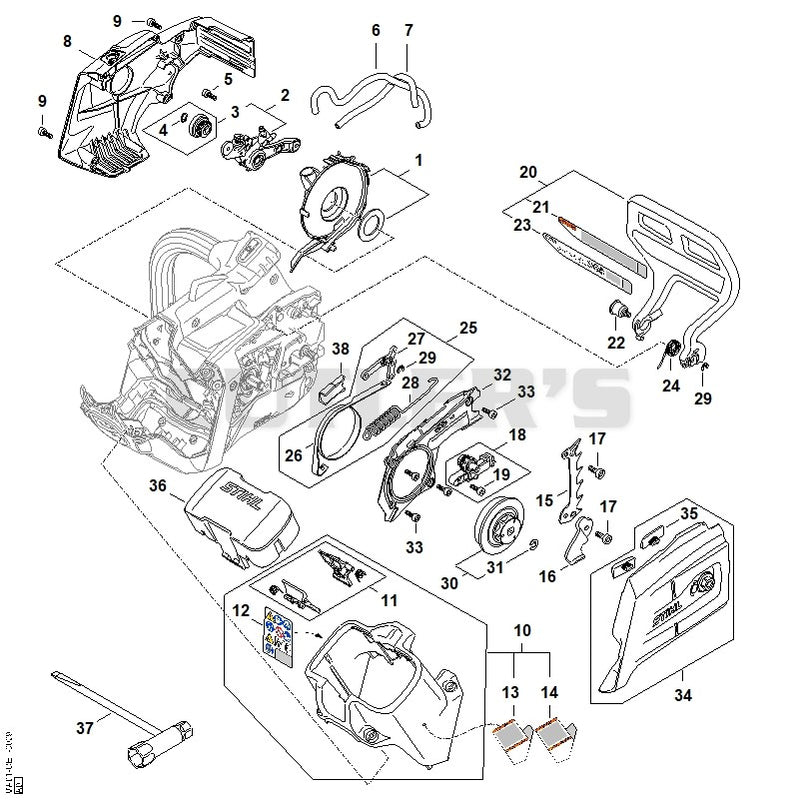 Shroud, Fan housing, Oil pump, Hand guard, Chain brake