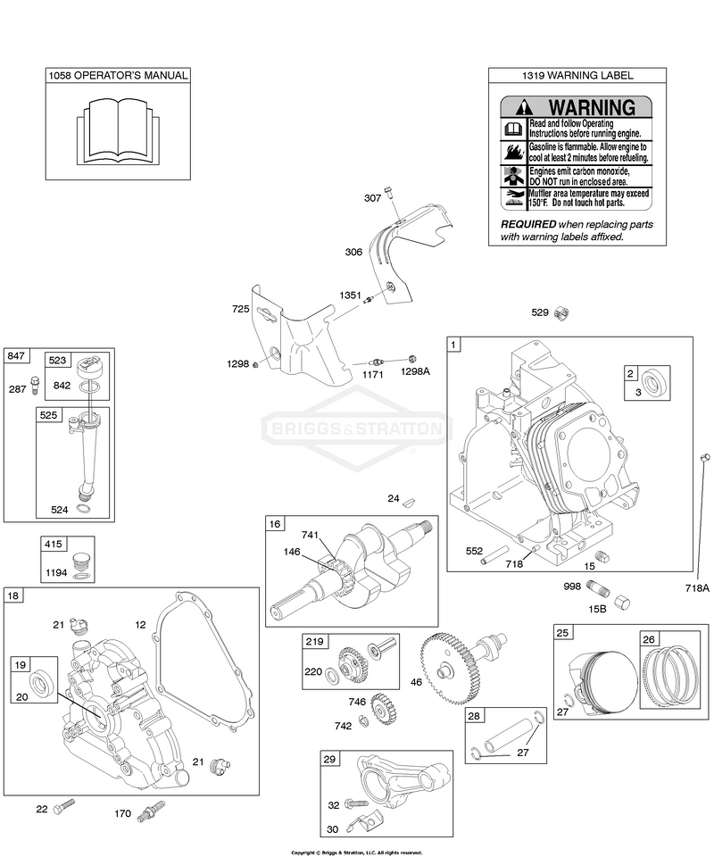 Camshaft, Crankcase Cover, Crankshaft, Cylinder, Lubrication, Operator's Manual, Piston/Rings/Connecting Rod, Warning Label