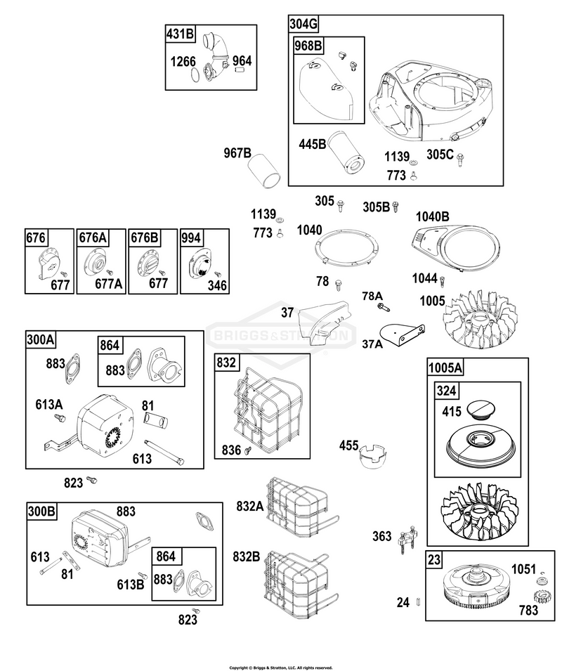 AIR CLEANER, BLOWER HOUSING, TRIM RNG, EXHAUST SYSTEM, FLYWHEEL
