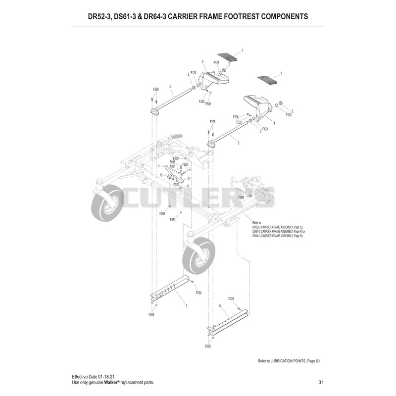 DR52-3, DS61-3 & DR64-3 CARRIER FRAME FOOTREST COMPONENTS