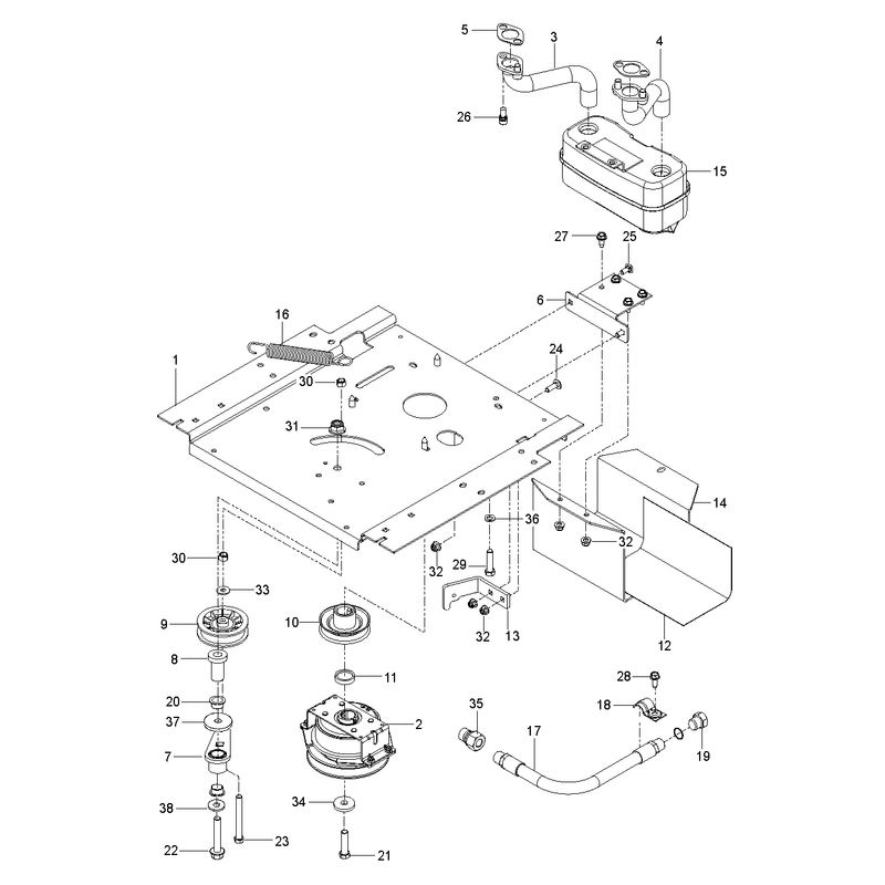 ENGINE MOUNTING, GUARDS AND MUFFLER