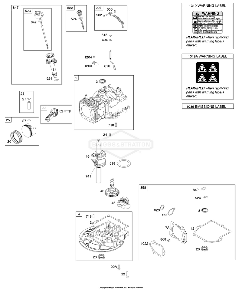 Camshaft, Crankshaft, Cylinder, Gasket Set, Piston/Rings/Connecting Rod, Sump, Warning Label