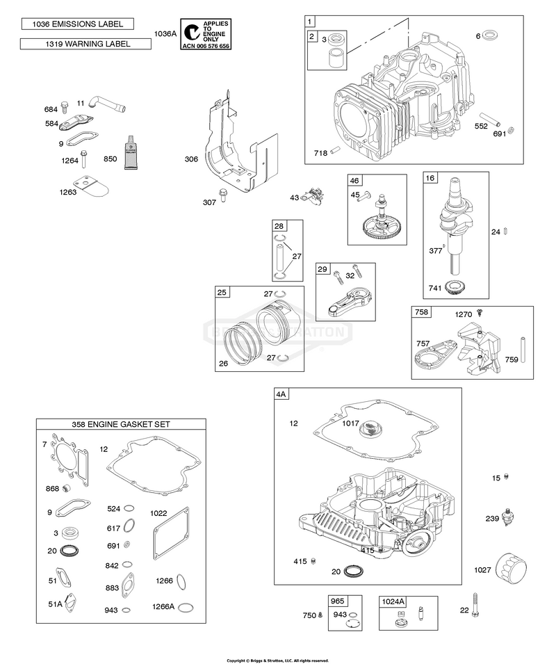 Camshaft, Crankshaft, Cylinder, Engine Sump, Gasket Set - Engine, Lubrication, Piston, Rings, Connecting Rod, Warning Label