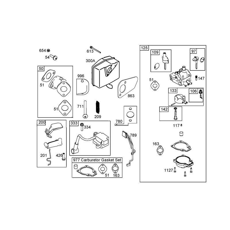 Intake Manifold, Carburetor, and Muffler Assemblies  Briggs and Stratton 084333-0197-E1