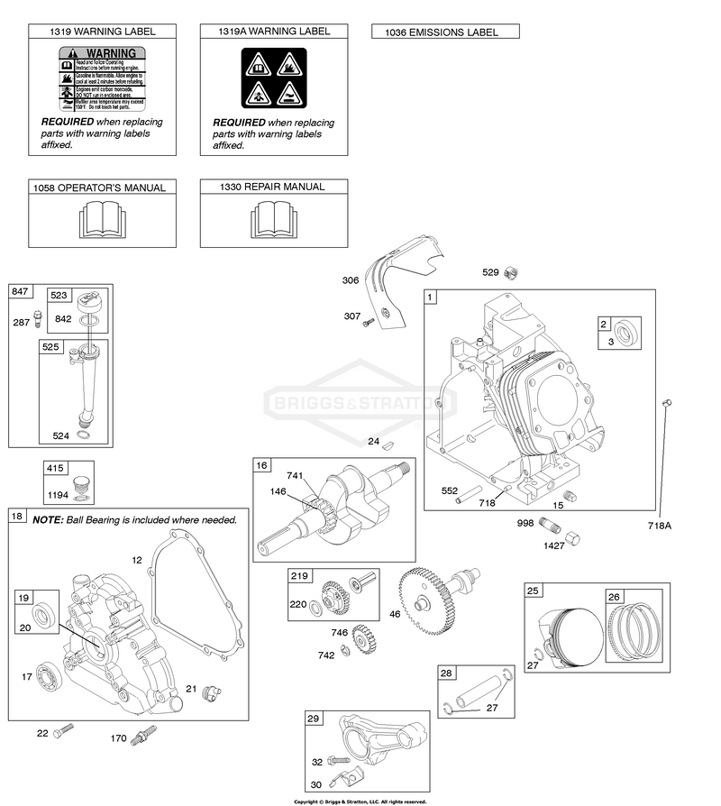 Camshaft, Crankcase Cover, Crankshaft, Cylinder, Lubrication, Operator's Manual, Piston/Rings/Connecting Rod, Warning Label