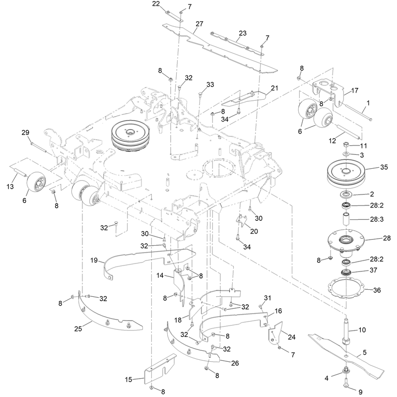 Center Deck Spindle Baffle and Roller Assembly