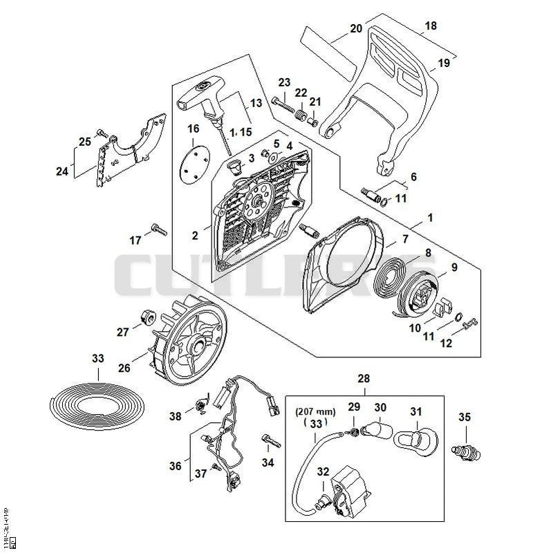 Rewind starter, Hand guard, Ignition system