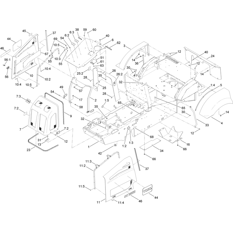 Main Frame, Hood and Fender Mounting Assembly