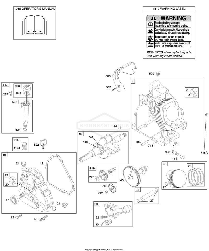 Camshaft, Crankcase Cover, Crankshaft, Cylinder, Lubrication, Operator's Manual, Piston/Rings/Connecting Rod, Warning Label