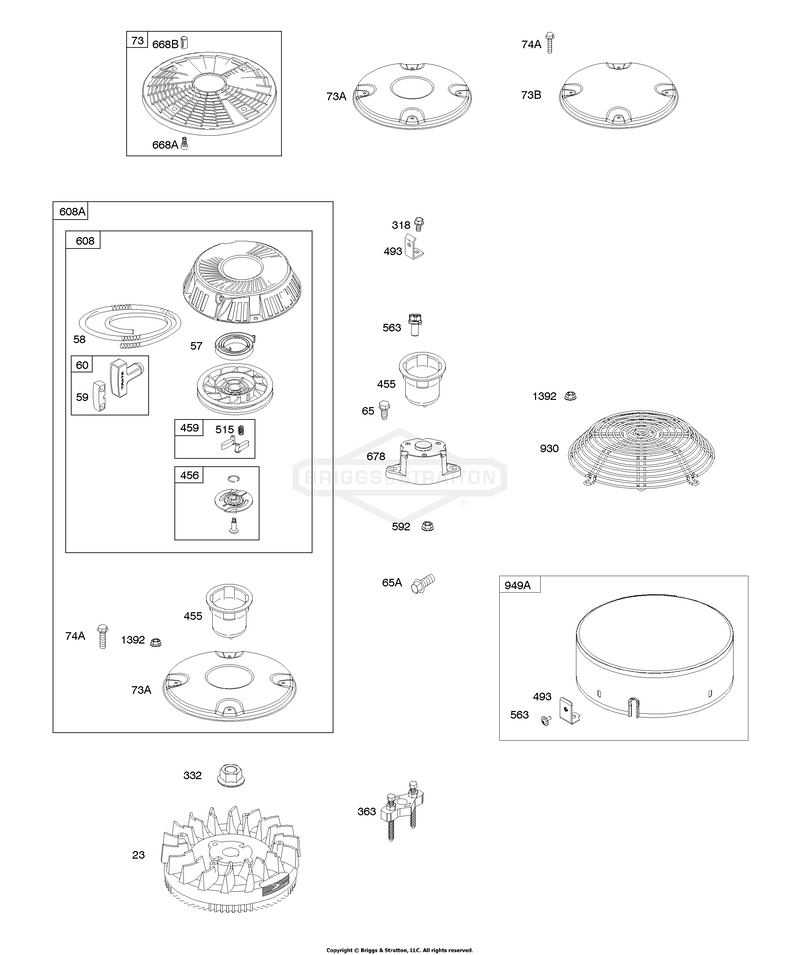 Rewind Starter, Flywheel, Rotating/Debris Screen