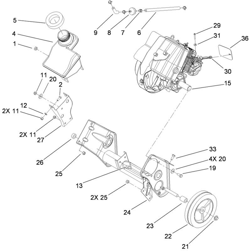 Engine, Gas Tank and Frame Assembly