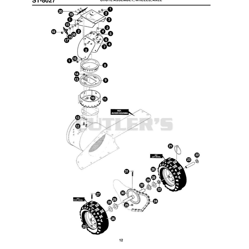 CHUTE ASSEMBLY, WHEELS, AXLE
