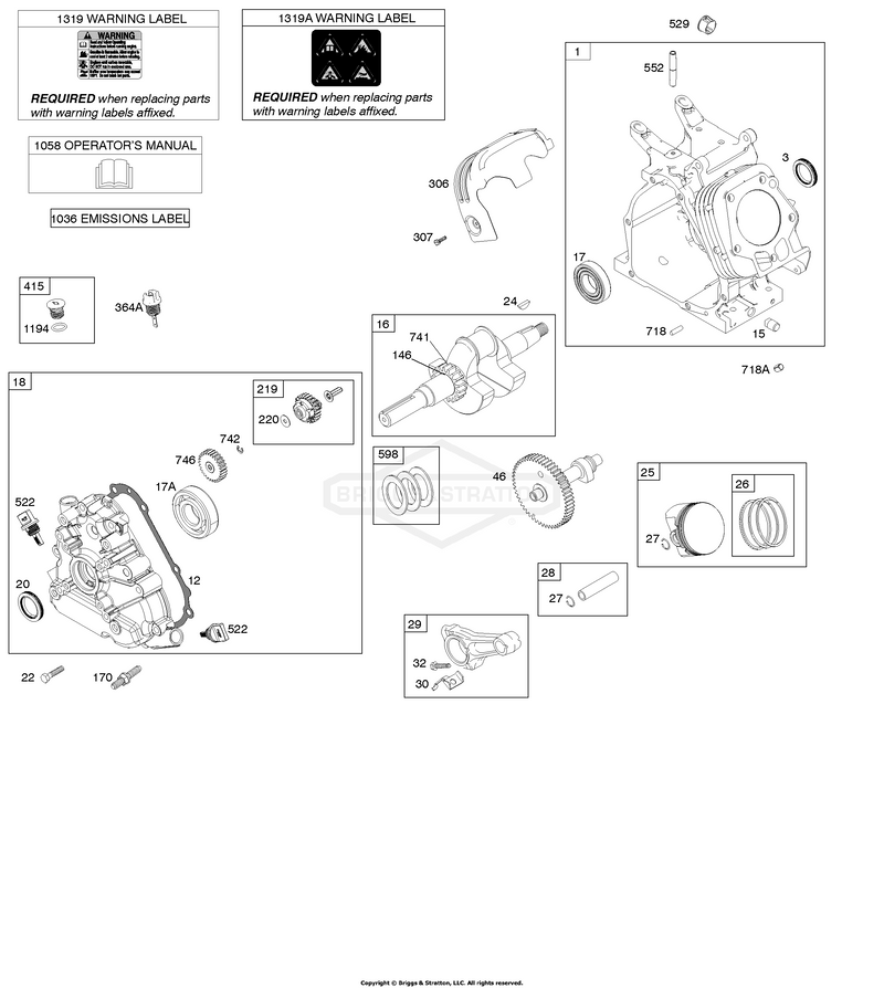 Camshaft, Crankcase Cover, Crankshaft, Cylinder, Lubrication, Operator's Manual, Piston/Rings/Connecting Rod, Warning Label