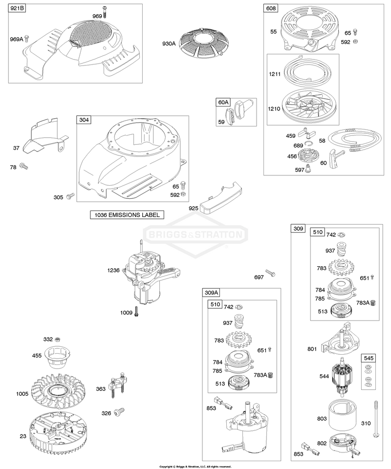 Blower Housing/Shroud, Electric Starter, Flywheel Group, Rewind Starter