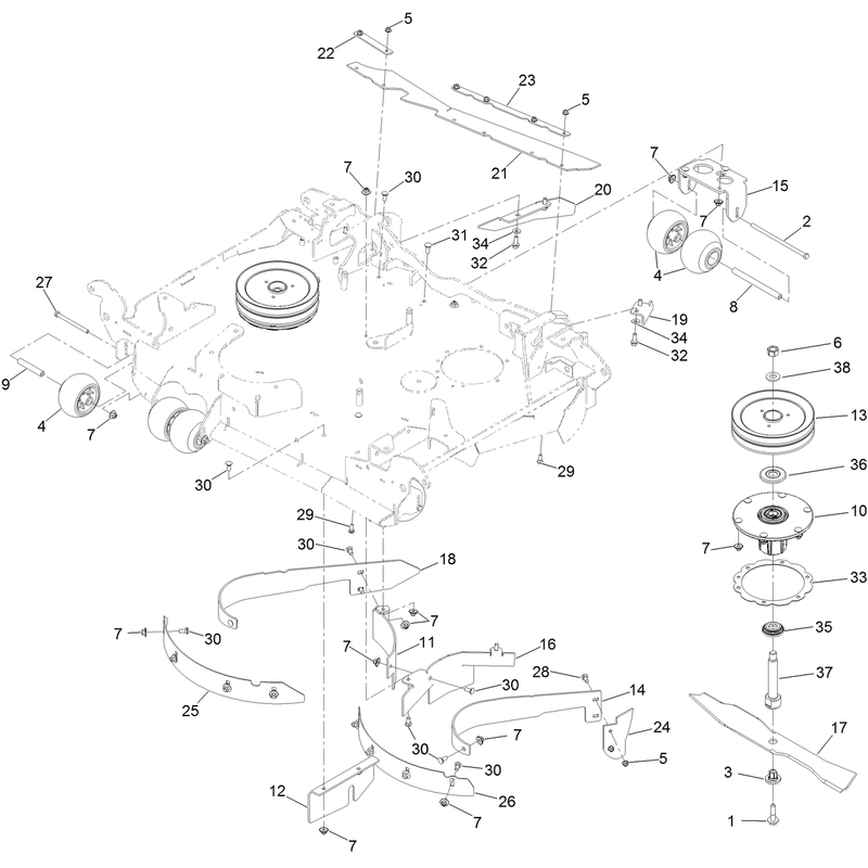 Center Deck Spindle Baffle and Roller Assembly