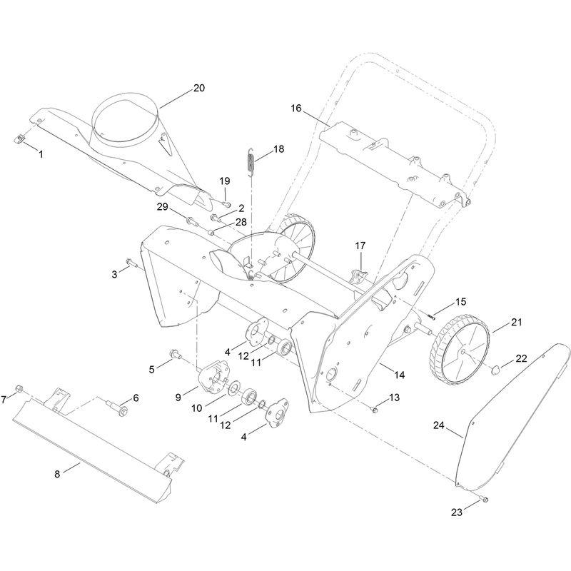 Main Frame, Lower Chute and Wheel Assembly