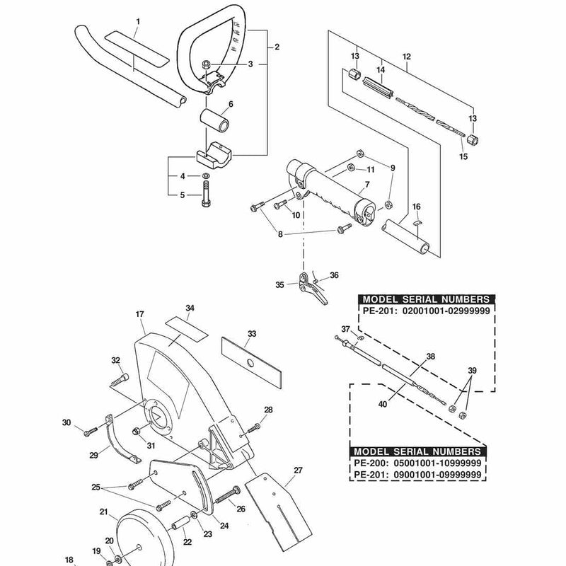 HANDLE, THROTTLE, DRIVE SHAFT, BLADE SHIELD