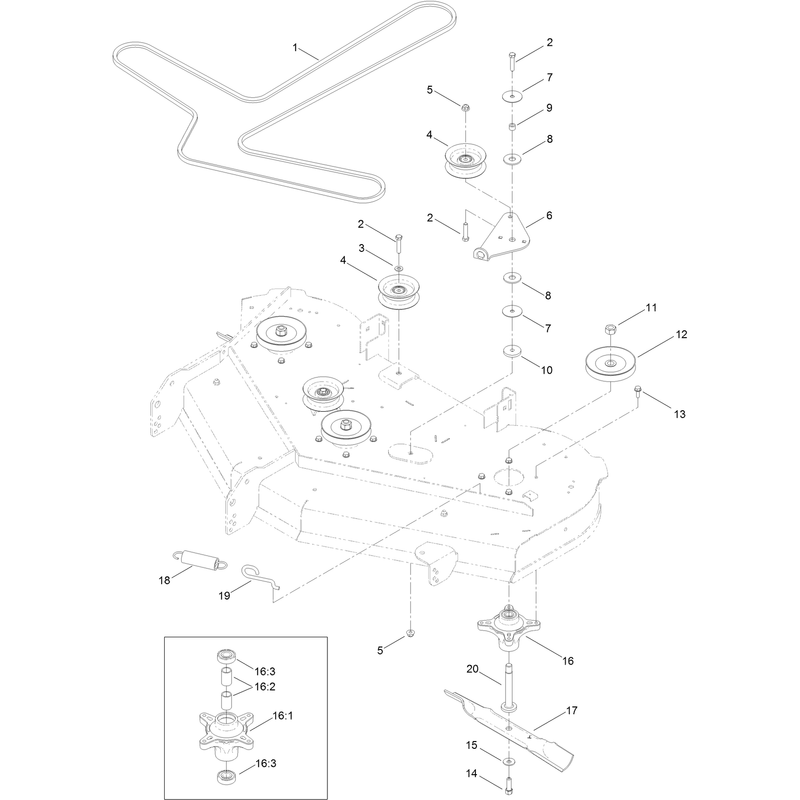 50 Inch Deck Belt, Spindle and Blade Assembly