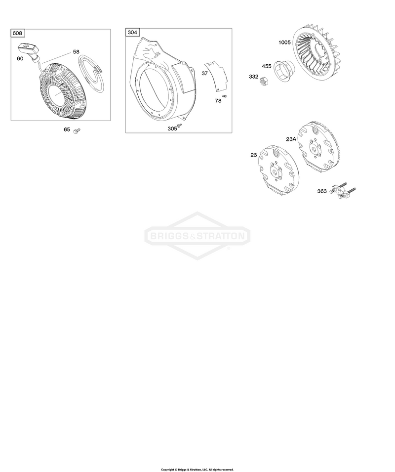 Blower Housing, Flywheel, Rewind Starter