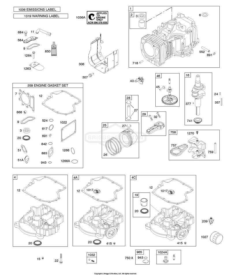 Camshaft, Crankshaft, Cylinder, Engine Sump, Gasket Set - Engine, Lubrication, Piston, Rings, Connecting Rod, Warning Label