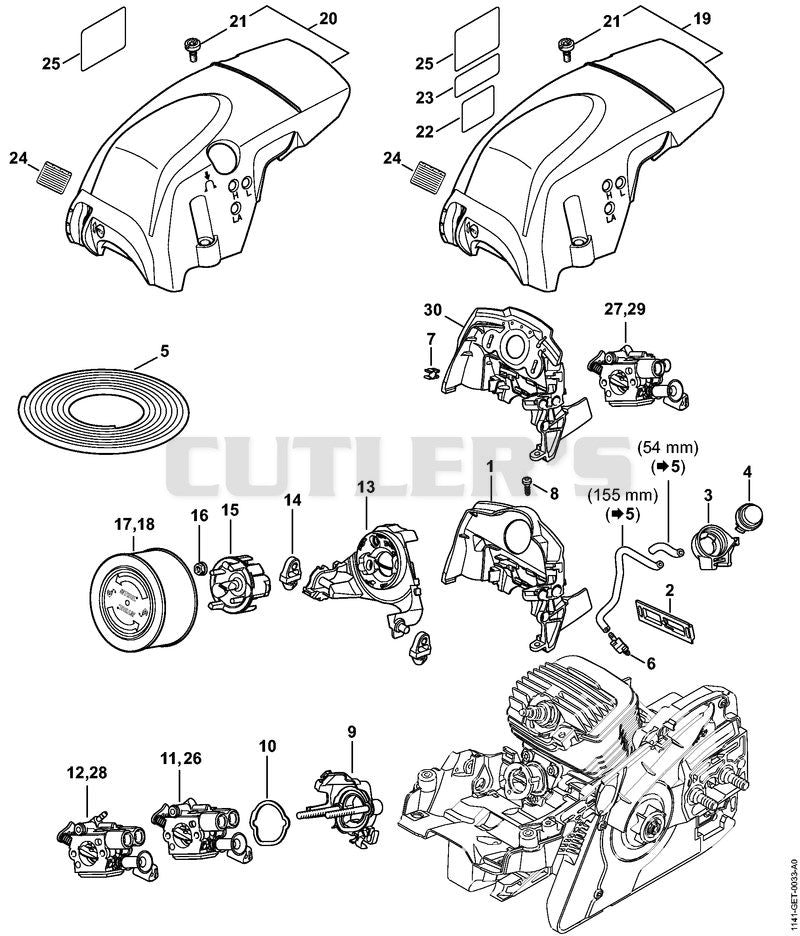 Air baffle, Carburetor bracket, Shroud