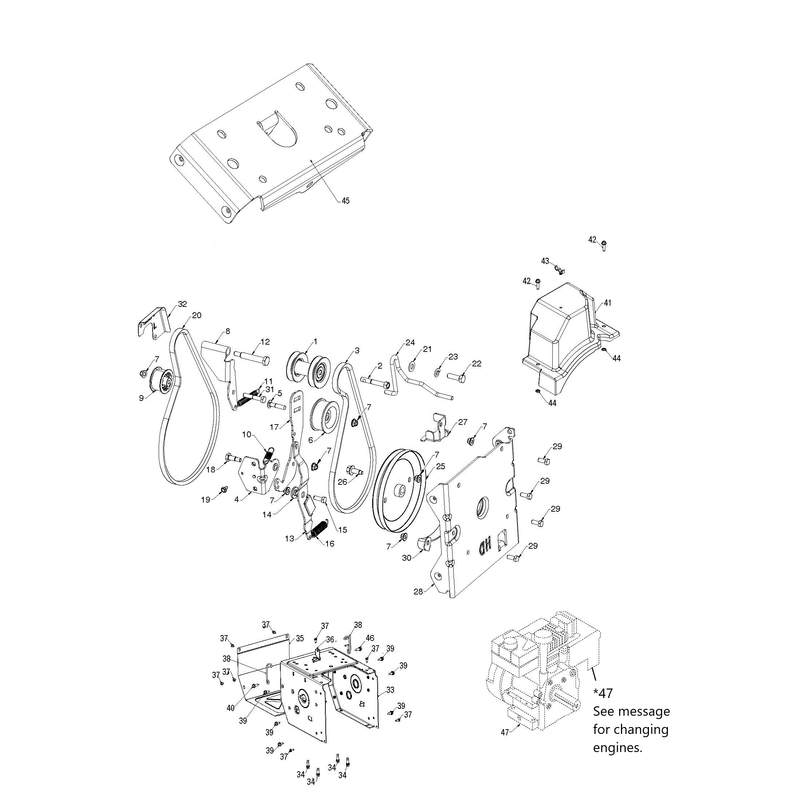 CHASSIS, ENGINE AND PULLEYS