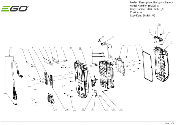 BAX1500 Backpack Battery Parts Diagram