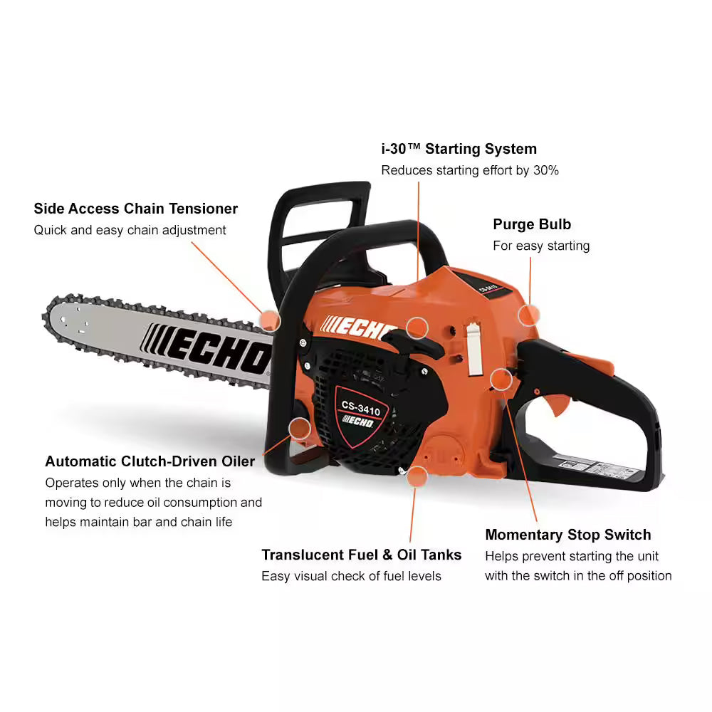 Echo CS-3410 16 in. 34.4 cc Gas 2-Stroke Rear Handle Chainsaw with Automatic Chain Oiler