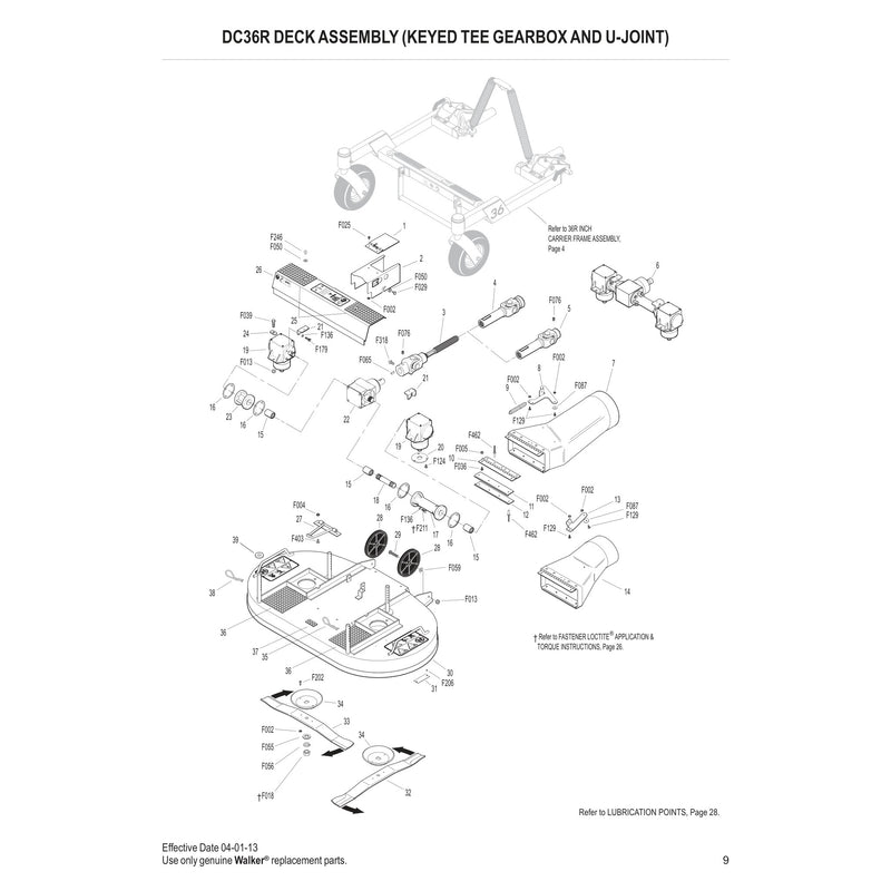 DC36R DECK ASSEMBLY KEYED TEE GEARBOX AND U JOINT