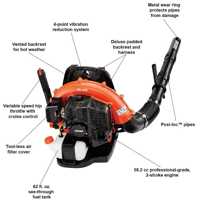 Echo PB-580H 216 MPH 517 CFM 58.2 cc Gas 2-Stroke Backpack Leaf Blower with Hip Throttle