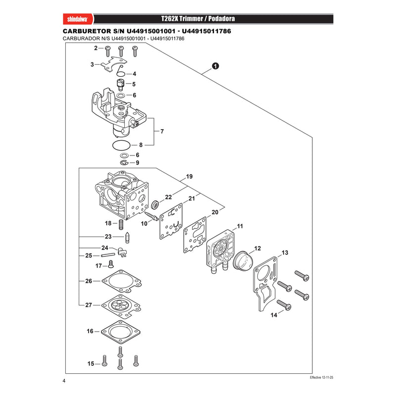 CARBURETOR S N U44915001001 U44915011786
