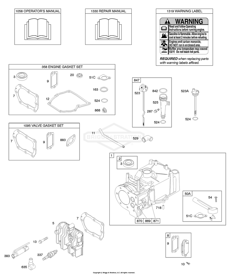 Cylinder, Cylinder Head, Gasket Set - Engine, Gasket Set - Valve, Lubrication, Operator's Manual, Warning Label