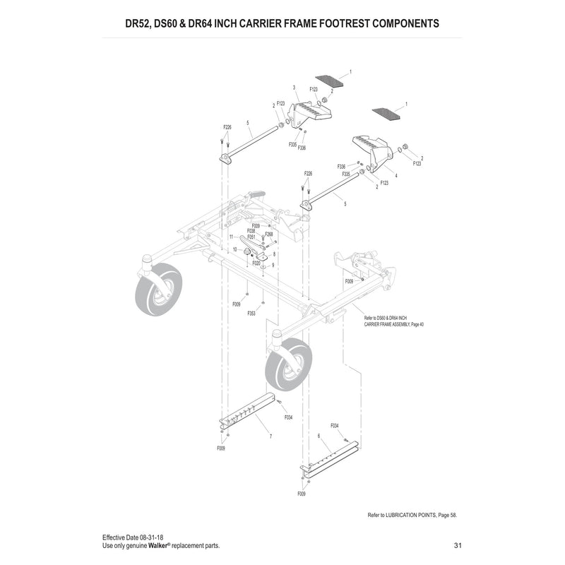 DR52, DS60 & DR64 INCH CARRIER FRAME FOOTREST COMPONENTS