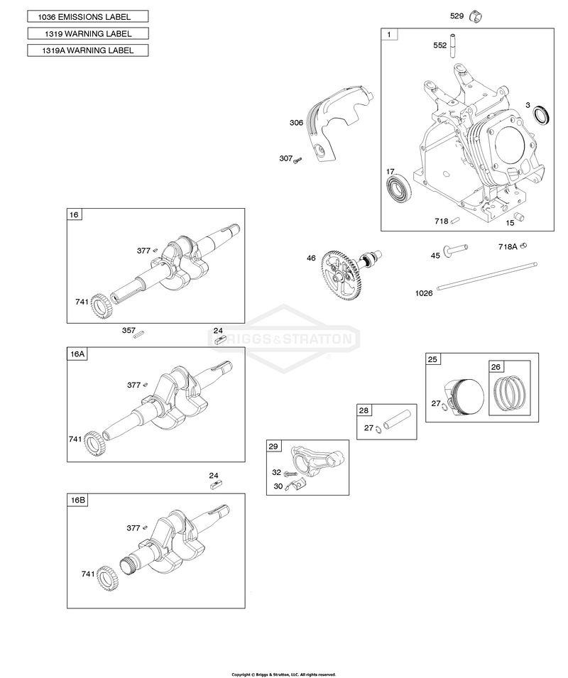 Camshaft, Crankshaft, Cylinder, Piston/Rings/Connecting Rod, Warning Label