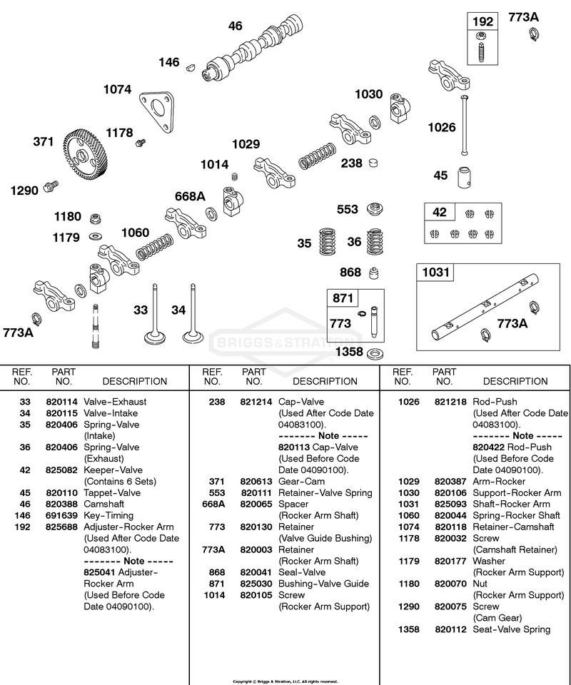Camshaft, Cam Gear, Valves, Springs, Rocker Arm