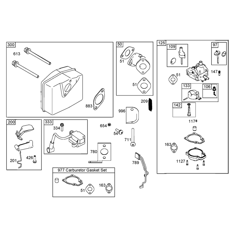 Muffler, Carburetor, and Intake Manifold Assemblies  Briggs and Stratton 084132-0120-E1