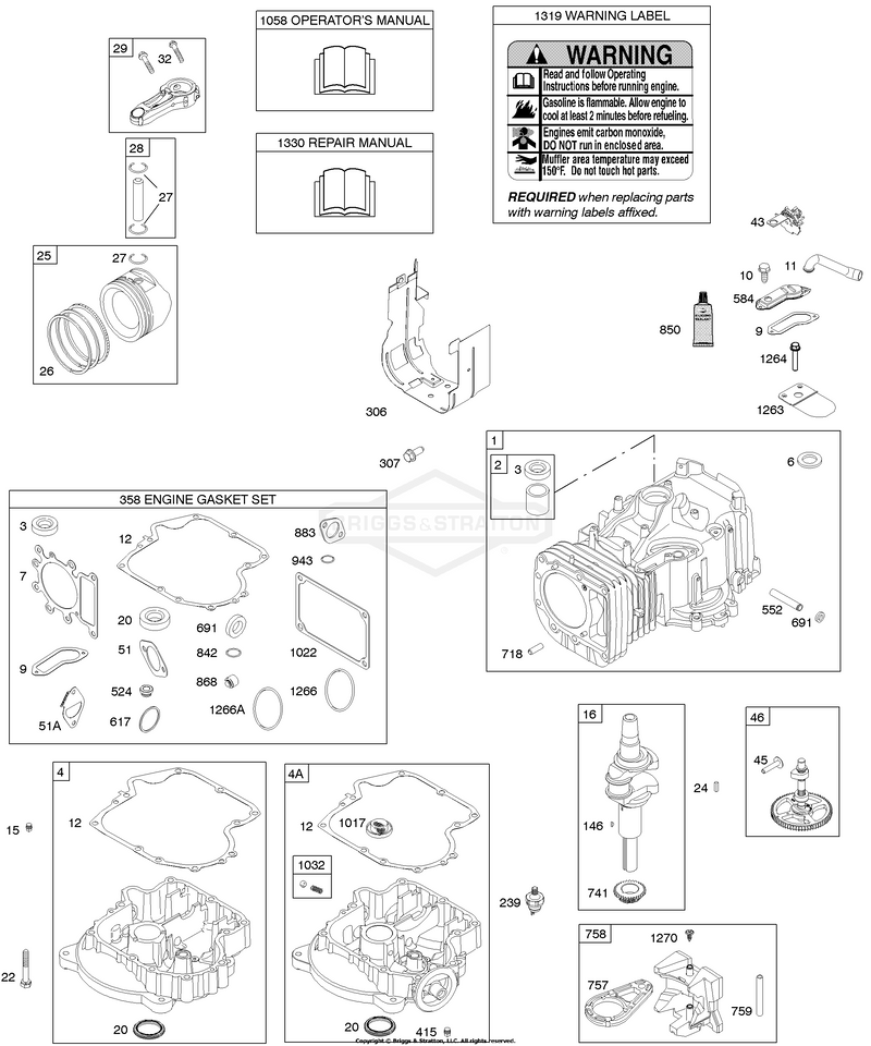 Camshaft, Crankshaft, Cylinder, Engine Sump, Gasket Set - Engine, Operator's Manual, Piston, Rings, Connecting Rod, Warning Label