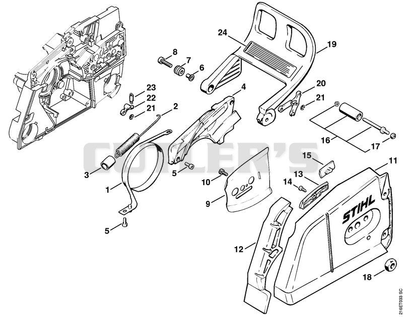 Chain brake, Chain tensioner, Chain sprocket cover