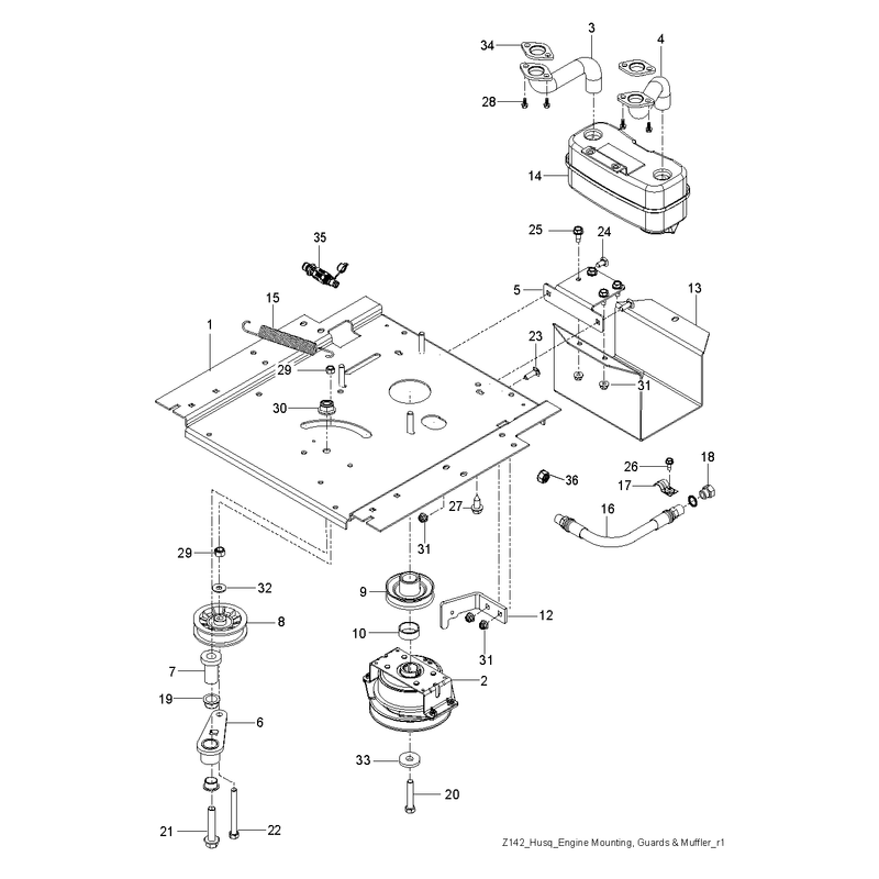 ENGINE MOUNTING, GUARDS AND MUFFLER