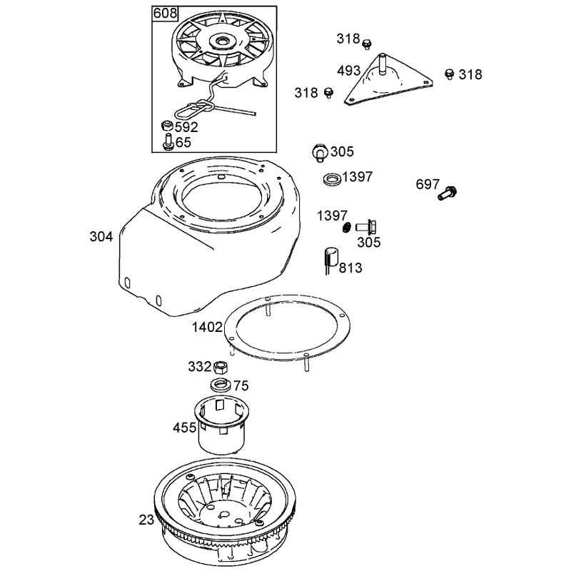 Flywheel, Blower Housing, and Starter Assemblies  Briggs and Stratton 084332-0130-E1